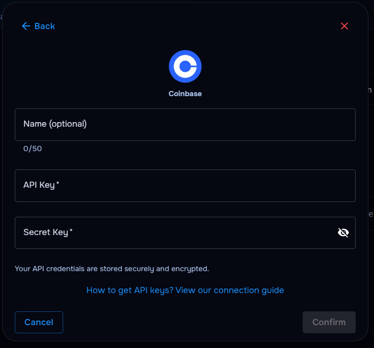 TraderWaves Coinbase API connection form