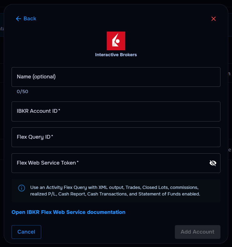 TraderWaves Interactive Brokers Flex Web Service connection form