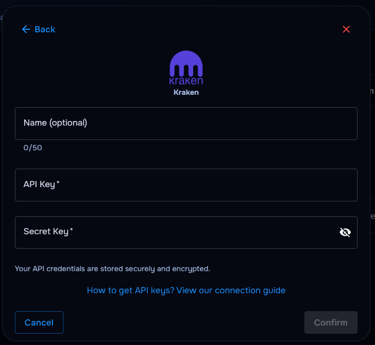 TraderWaves Kraken API connection form