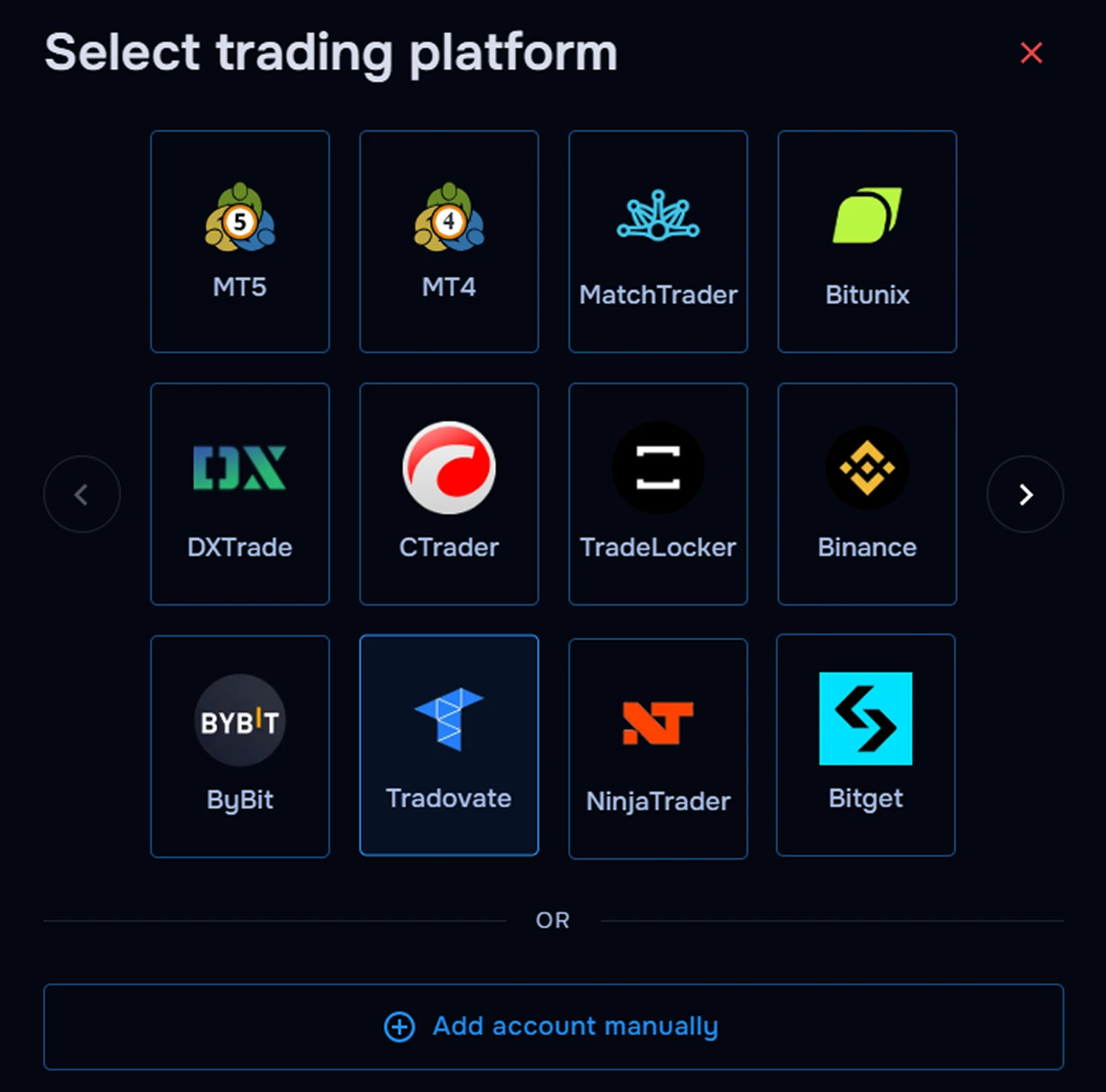 TraderWaves connection flow with Tradovate selected