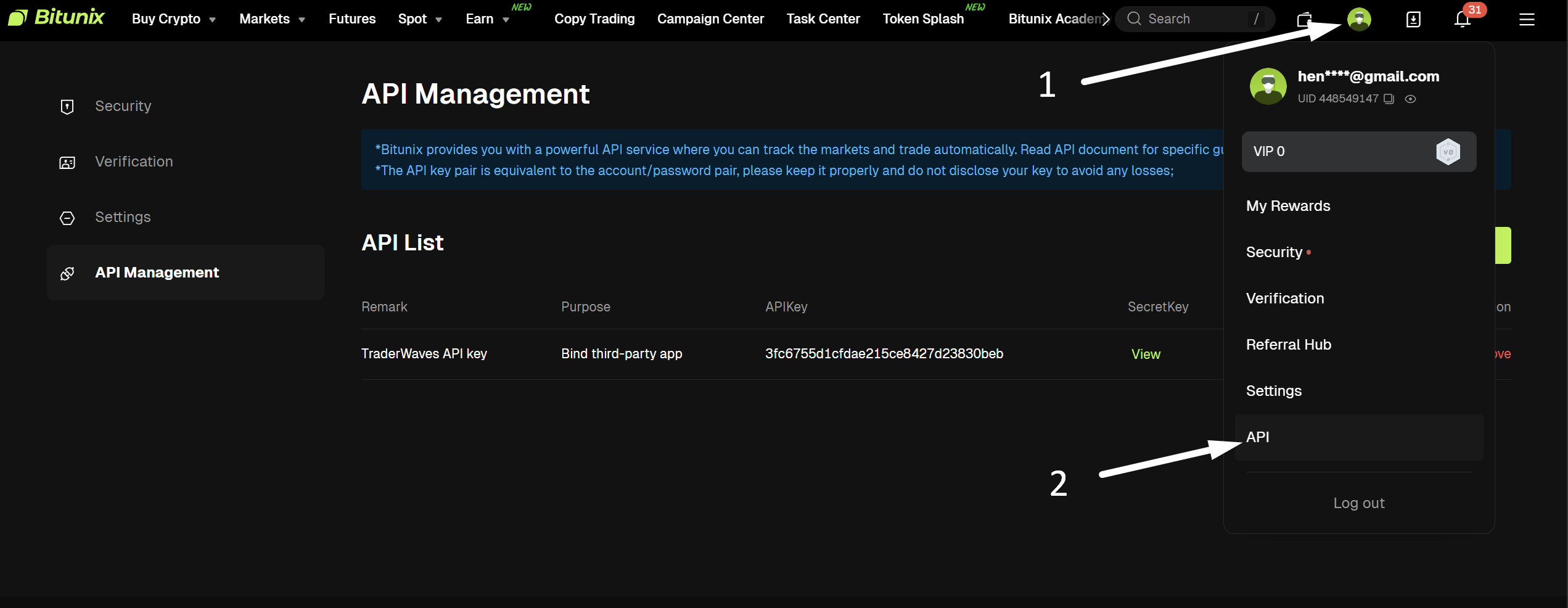 Bitunix profile menu showing the API option used to manage API keys for TraderWaves