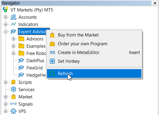 Refreshing MT4/MT5 terminal